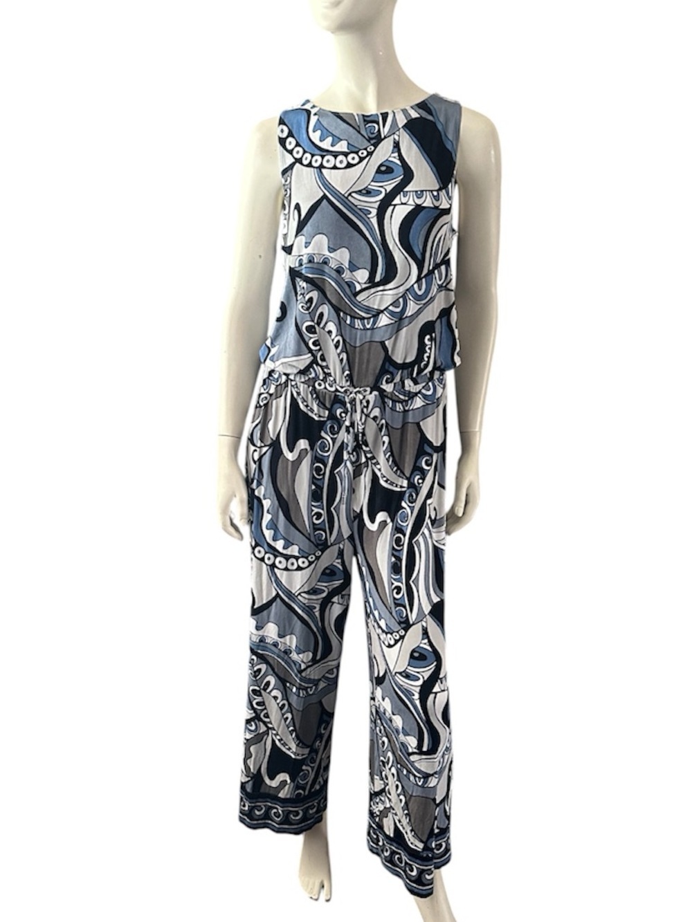 Chico's Travelers Sleeveless Jumpsuit Gray, Blue & Black Paisley Size 1 EUC